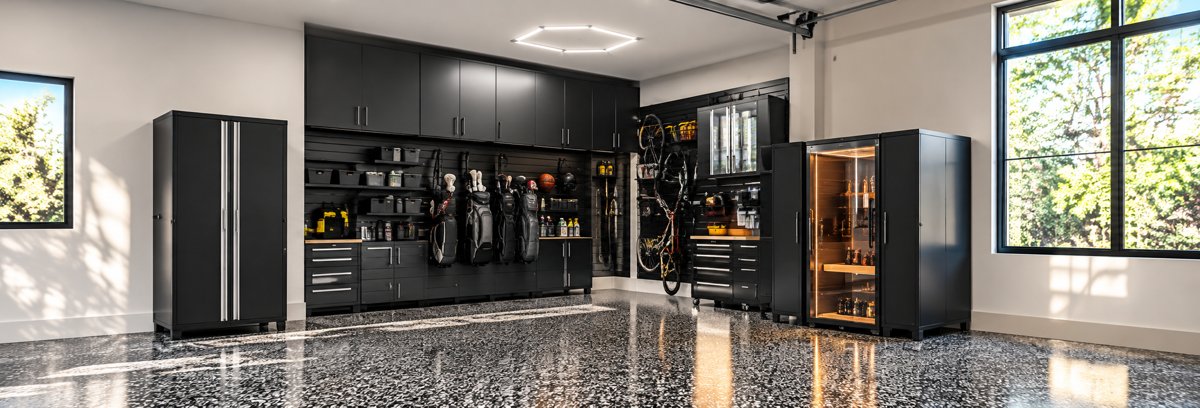 Garage with black cabinets, slatwall storage and flake epoxy floor