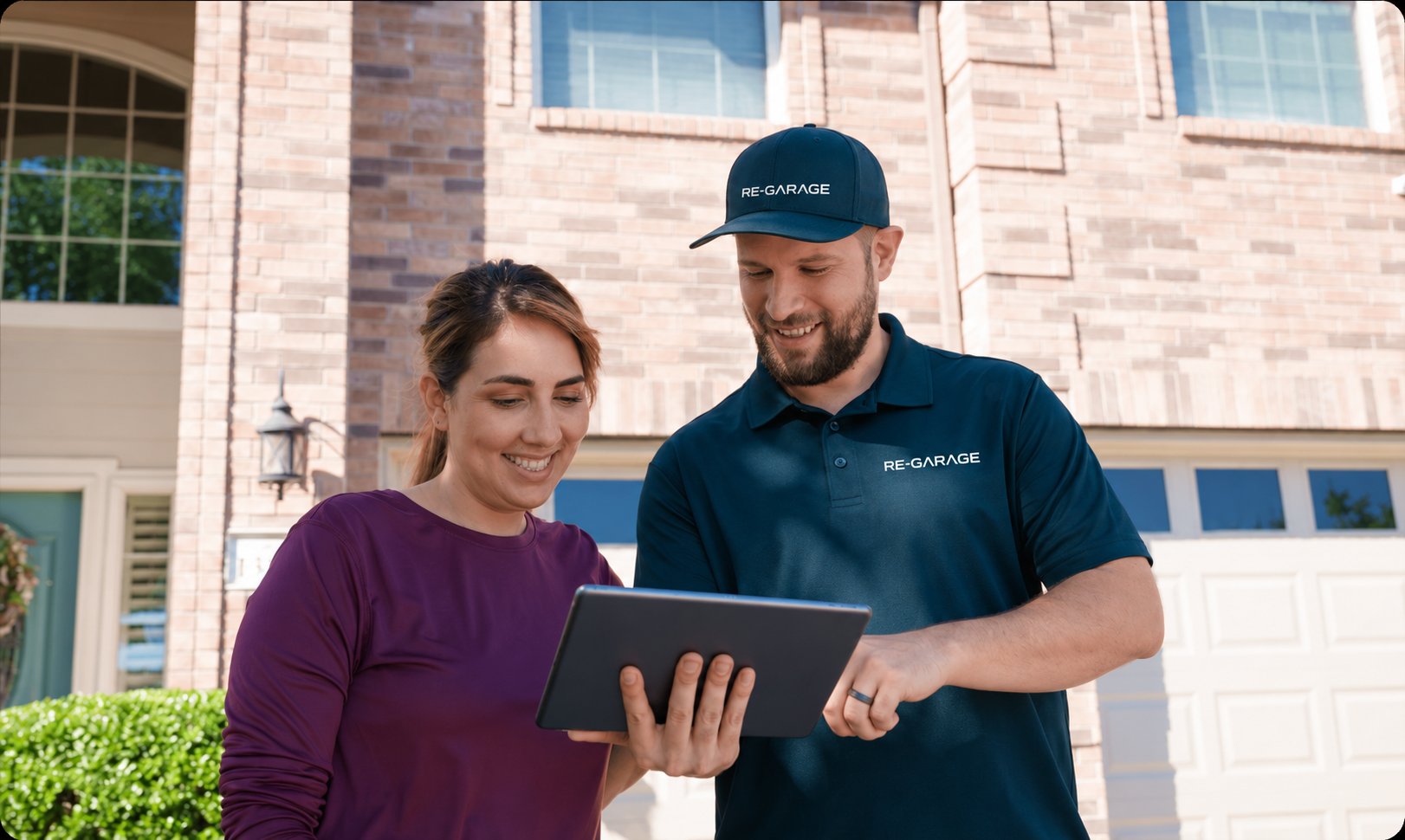 Re-Garage team member reviewing a garage plan on a tablet with a homeowner