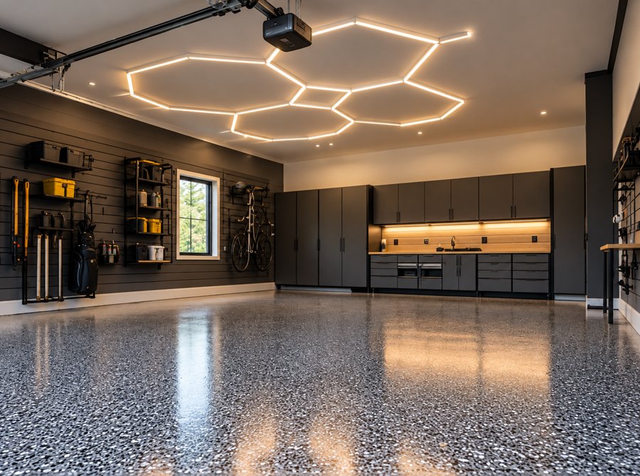 Glossy flake epoxy garage floor with cabinets and lighting