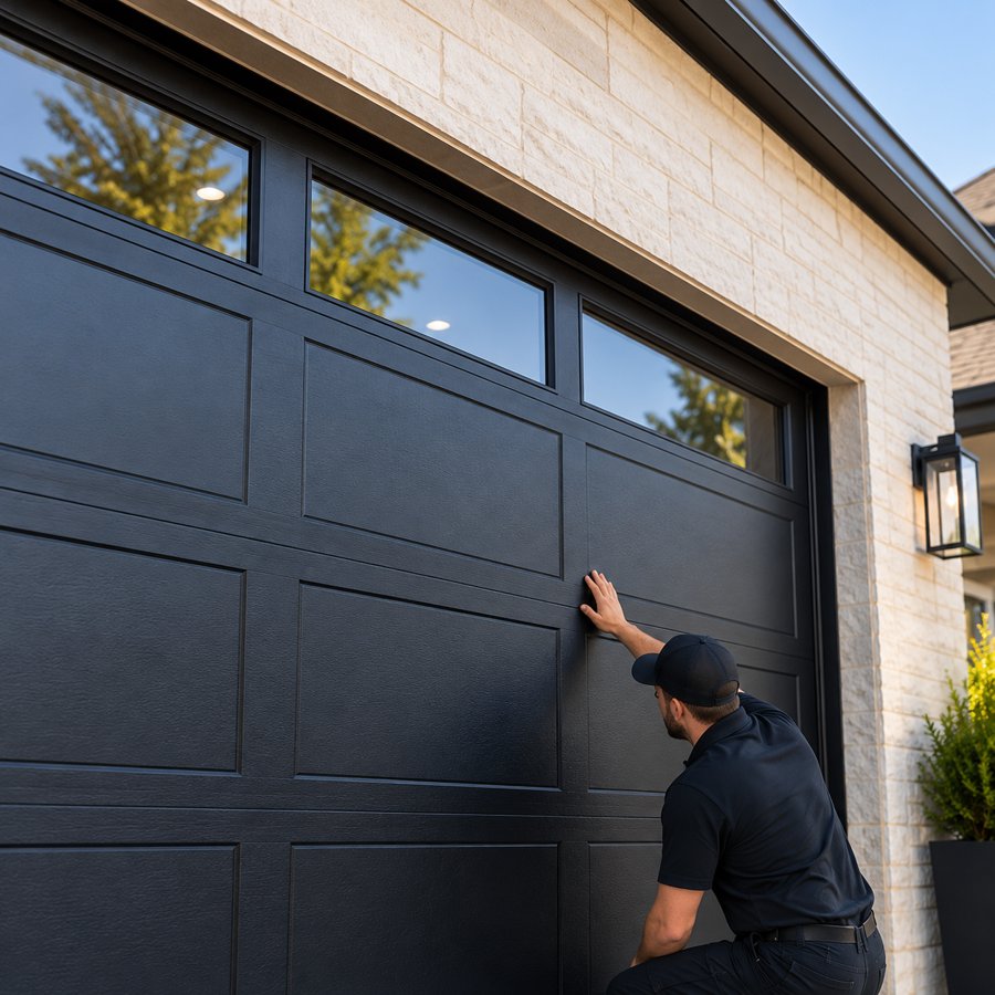 Technician checking a new black garage door