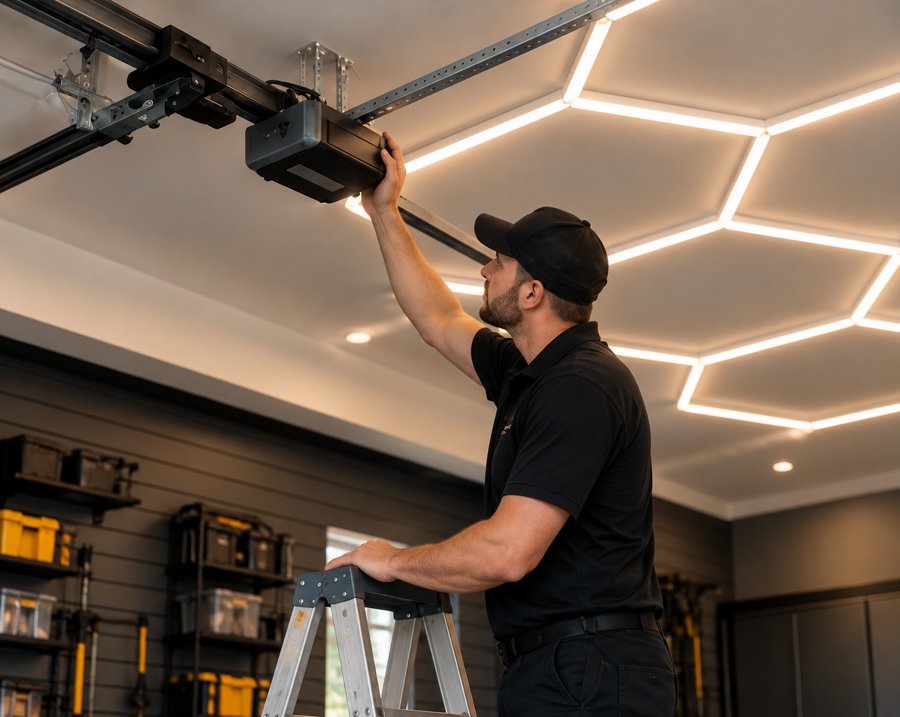 Technician installing a garage door opener under hexagon ceiling lights