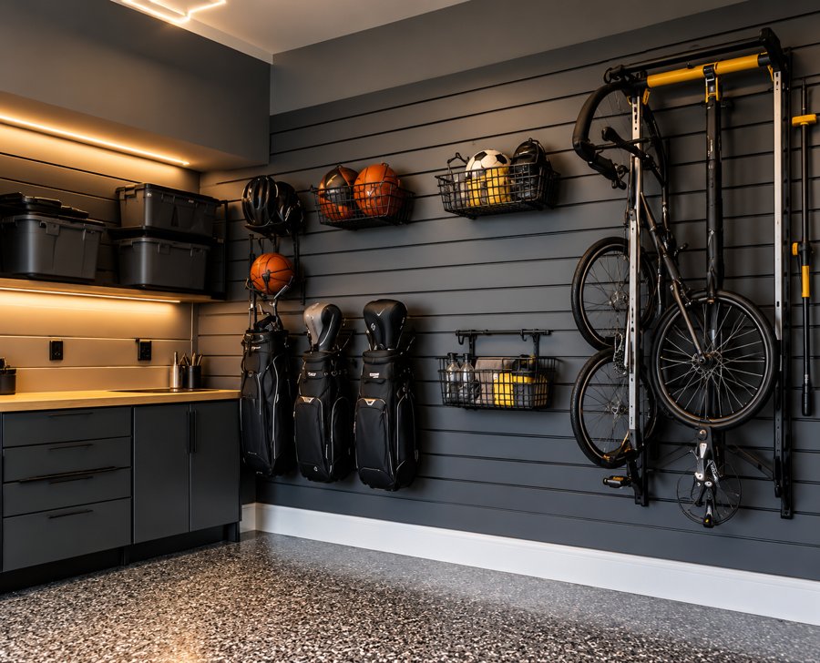 Slatwall storage with bikes, golf bags and bins
